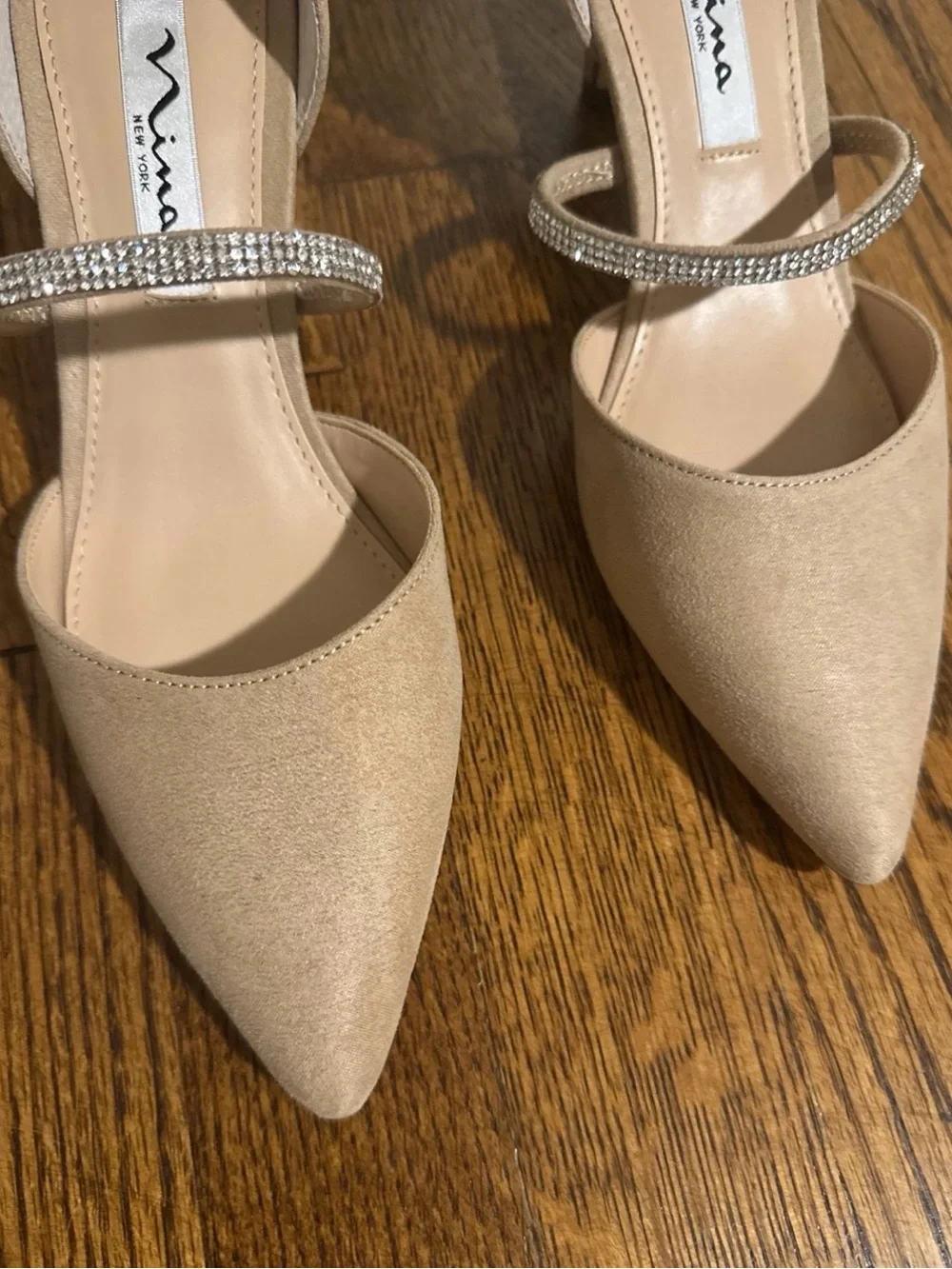 Nina Beige Pointed Toe D'Orsay Flats with Rhinestone Strap